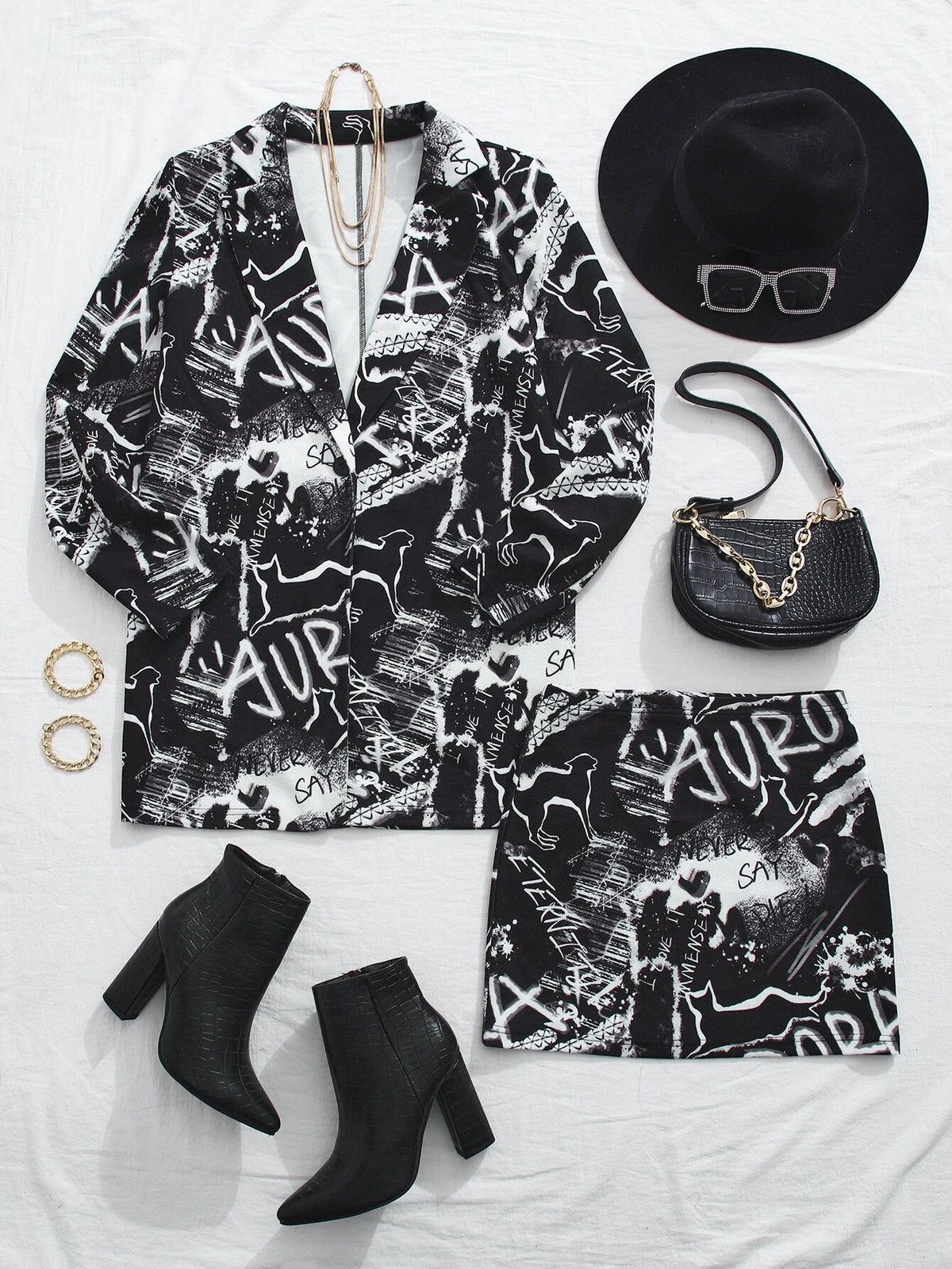 Unity Allover Print Single Button Blazer & Skirt