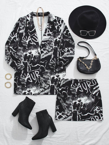 Unity Allover Print Single Button Blazer & Skirt