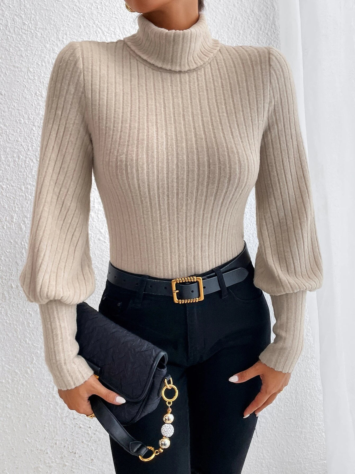 Turtle Neck Ribbed Knit Lantern Sleeve Bodysuit