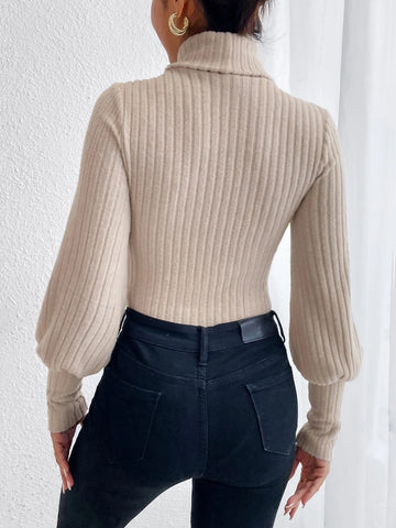 Turtle Neck Ribbed Knit Lantern Sleeve Bodysuit