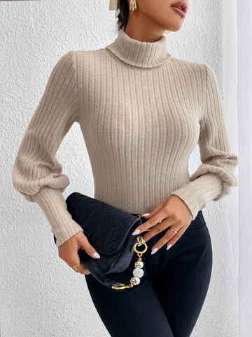 Turtle Neck Ribbed Knit Lantern Sleeve Bodysuit