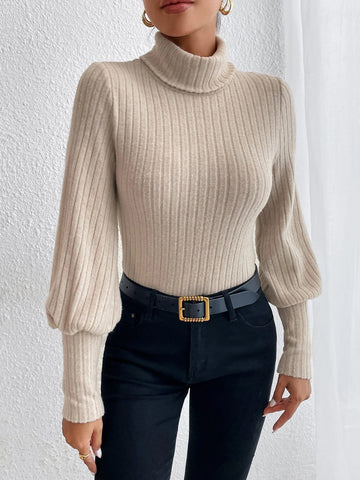 Turtle Neck Ribbed Knit Lantern Sleeve Bodysuit