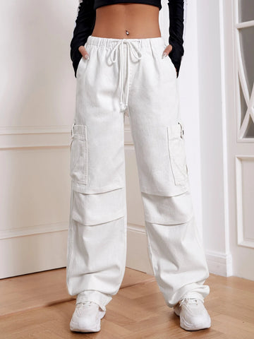 Solid Drawstring Waist Cargo Jeans