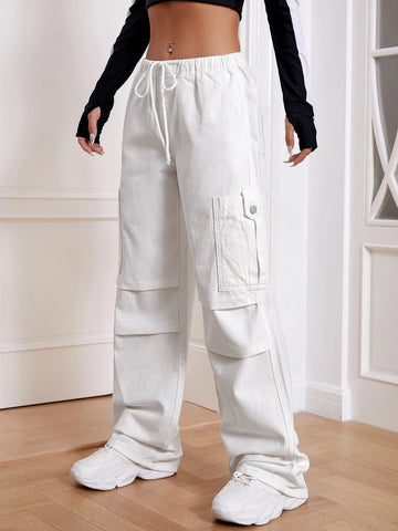 Solid Drawstring Waist Cargo Jeans