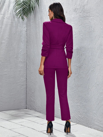 Unity Peak Collar Buckle Belted Blazer and Split Hem Pants Set