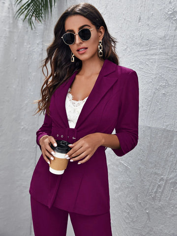 Unity Peak Collar Buckle Belted Blazer and Split Hem Pants Set