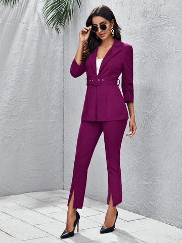 Unity Peak Collar Buckle Belted Blazer and Split Hem Pants Set