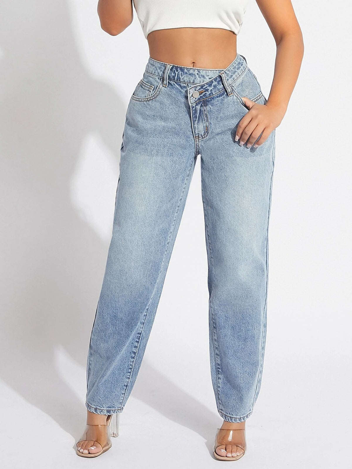 SXY Asymmetrical Waist Mom Fit Jeans