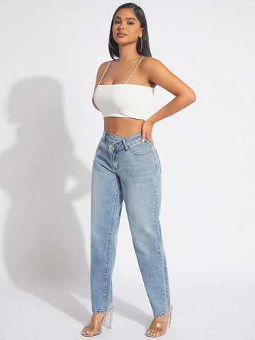 SXY Asymmetrical Waist Mom Fit Jeans
