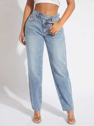 SXY Asymmetrical Waist Mom Fit Jeans