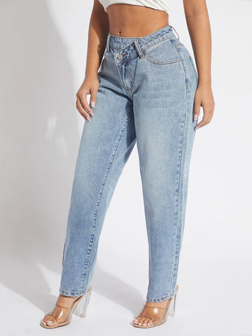 SXY Asymmetrical Waist Mom Fit Jeans