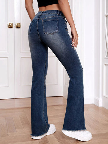 Slant Pocket Raw Hem Flare Leg Jeans