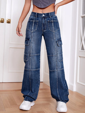 Flap Pocket Wide Leg Jeans