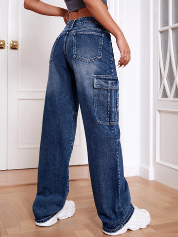 Flap Pocket Wide Leg Jeans