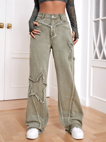 High Waist Raw Trim Wide Leg Jeans