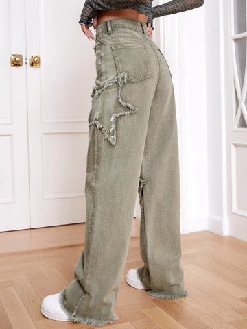 High Waist Raw Trim Wide Leg Jeans