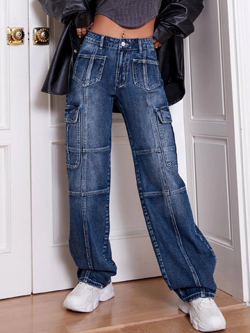 Flap Pocket Wide Leg Jeans