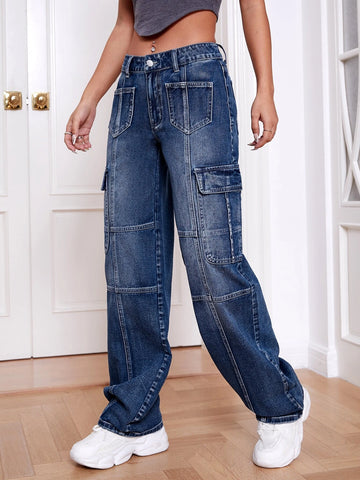 Flap Pocket Wide Leg Jeans