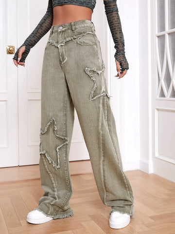 High Waist Raw Trim Wide Leg Jeans