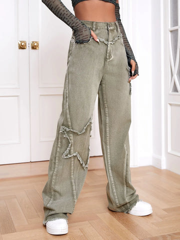 High Waist Raw Trim Wide Leg Jeans