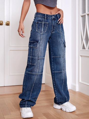 Flap Pocket Wide Leg Jeans