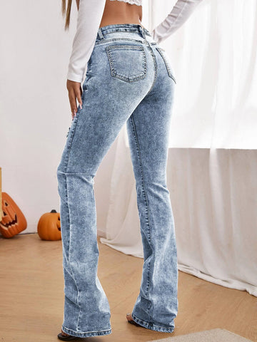Ripped Frayed Flare Leg Jeans