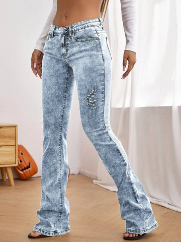 Ripped Frayed Flare Leg Jeans
