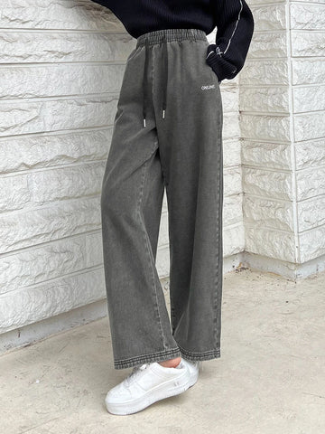 DAZY Letter Patch Embroidery Drawstring Waist Wide Leg Jeans