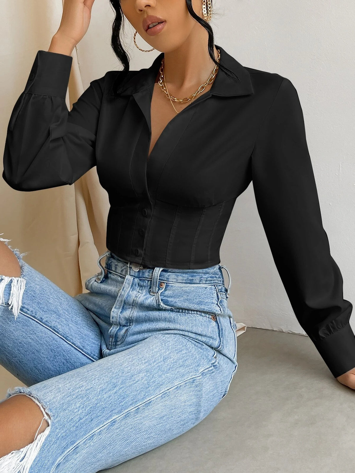 Solid Button Front Crop Shirt