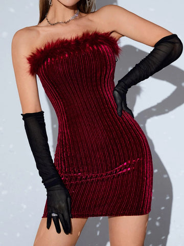 Fuzzy Trim Velvet Tube Bodycon Dress