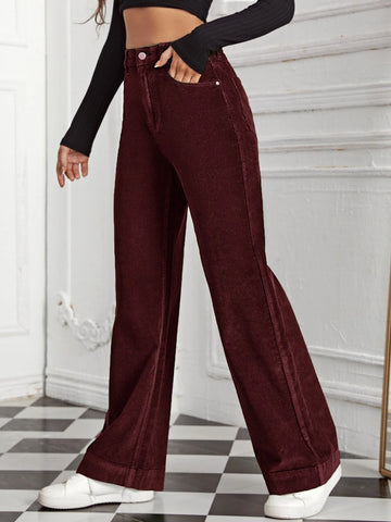 High Waist Slant Pocket Cord Pants