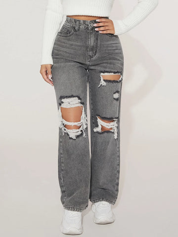 PETITE High Waist Ripped Straight Leg Jeans