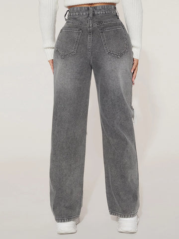 PETITE High Waist Ripped Straight Leg Jeans