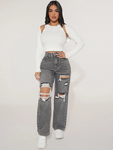 PETITE High Waist Ripped Straight Leg Jeans