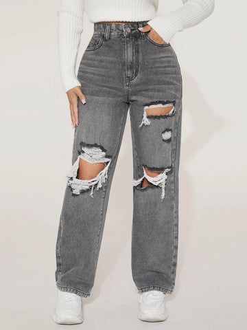 PETITE High Waist Ripped Straight Leg Jeans