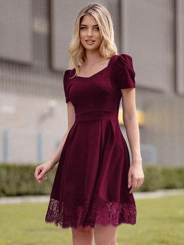MIUSOL Floral Lace Trim Puff Sleeve Dress