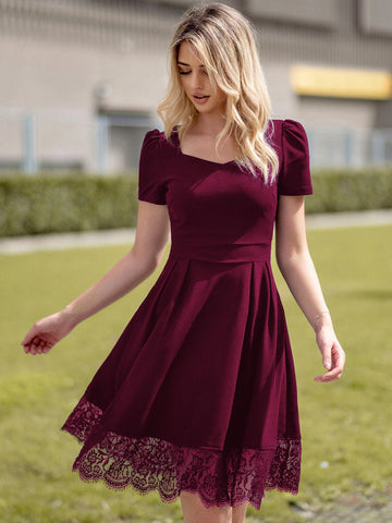 MIUSOL Floral Lace Trim Puff Sleeve Dress