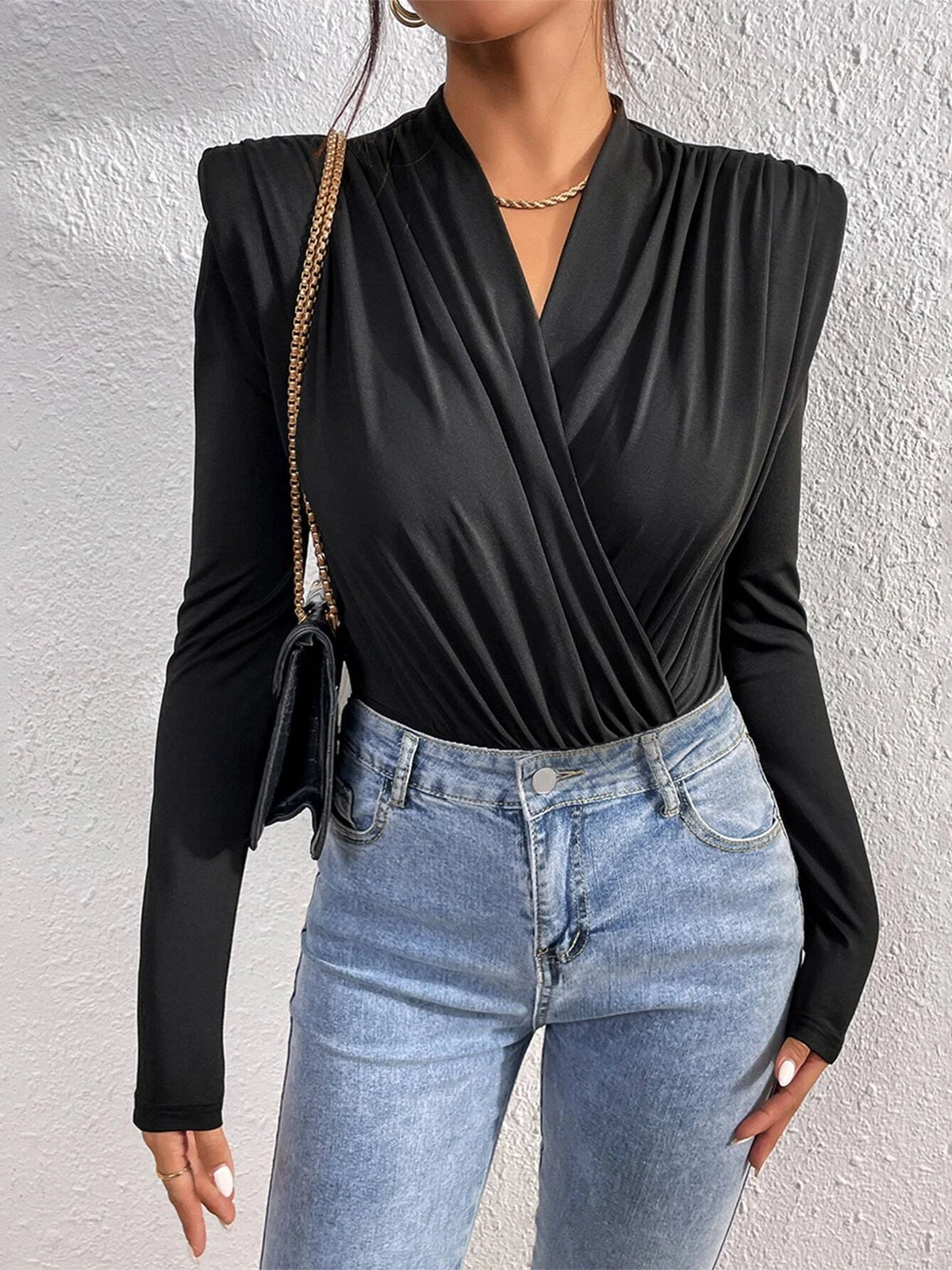 Surplice Neck Shoulder Pads Bodysuit