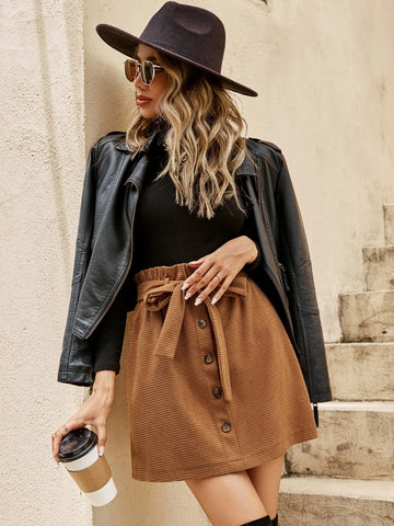 Paperbag Waist Fake Button Belted Skirt