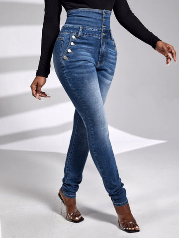 SXY High Waist Button Fly Skinny Jeans
