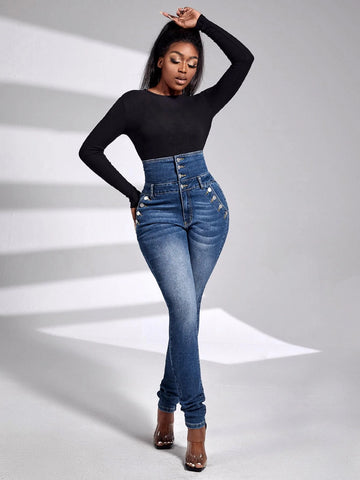 SXY High Waist Button Fly Skinny Jeans