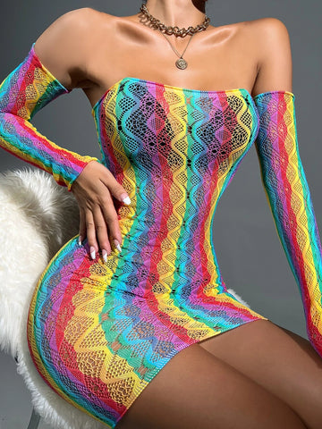 Rainbow Striped Hollow Out Bandeau Bodycon Dress & Arm Sleeves