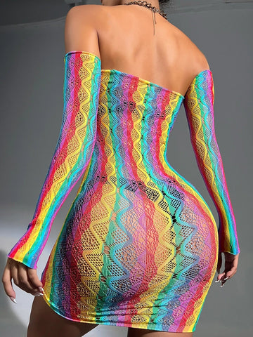 Rainbow Striped Hollow Out Bandeau Bodycon Dress & Arm Sleeves