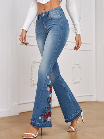 Floral Embroidery Flare Leg Jeans