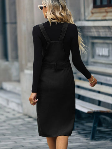 Slit Front Corduroy Overall Dress Without Sweater