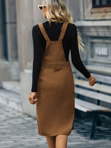 Slit Front Corduroy Overall Dress Without Sweater