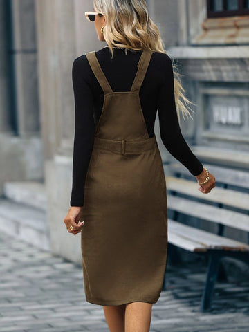 Slit Front Corduroy Overall Dress Without Sweater