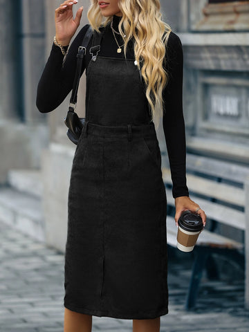 Slit Front Corduroy Overall Dress Without Sweater