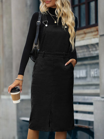 Slit Front Corduroy Overall Dress Without Sweater