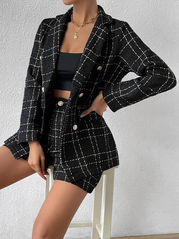 Plaid Pattern Double Breasted Blazer & Shorts